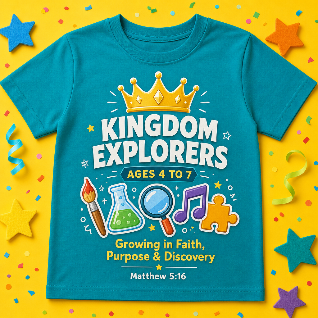 Kingdom Explorers teal camp t shirt for ages 4 to 7