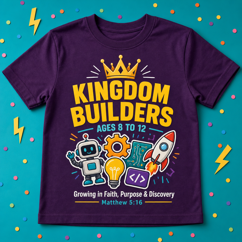 Kingdom Builders purple camp t shirt for ages 8 to 12
