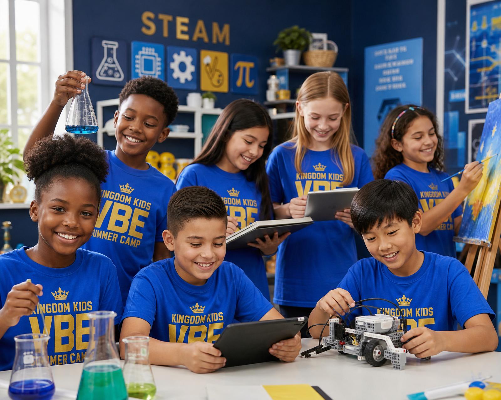 Diverse children in royal blue camp shirts participating in STEAM activities — science, coding, art, and music